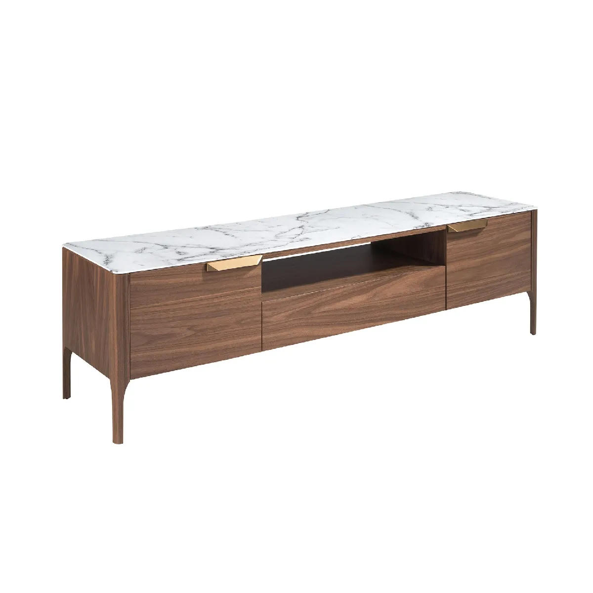 Meuble TV en noyer avec plateau en verre imitation marbre