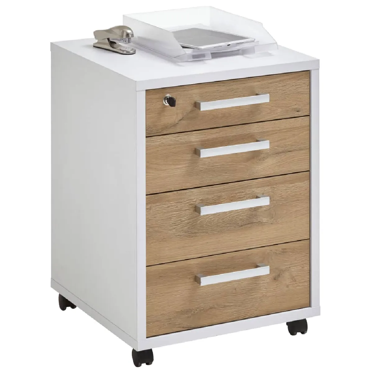 FMD Armoire à tiroirs mobile - Blanc et chêne FMD Armoire à tiroirs mobile - Blanc et chêne