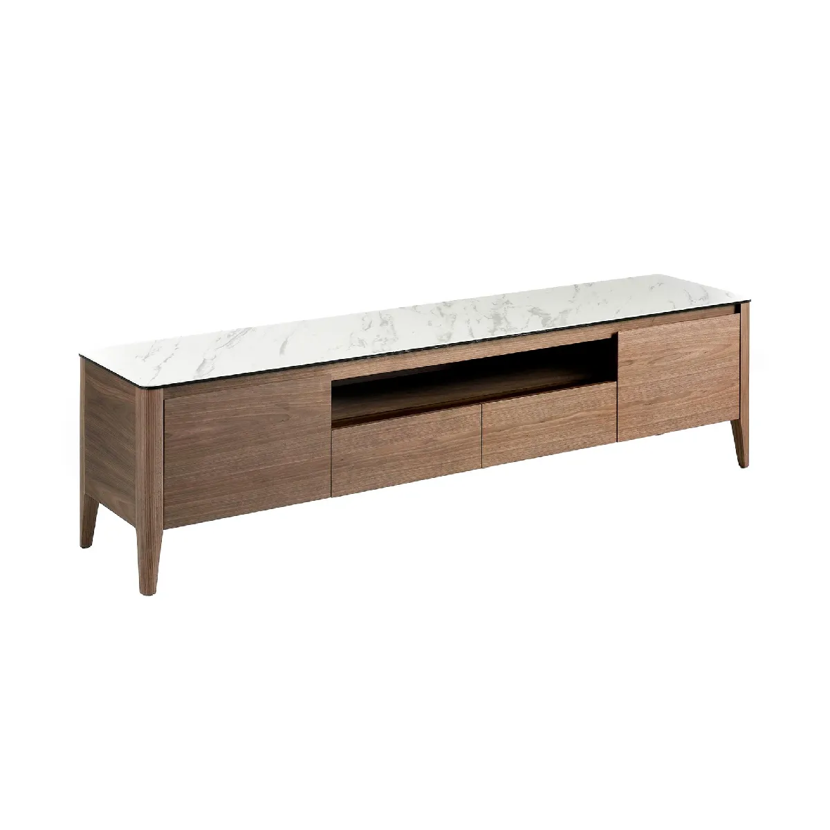 Meuble TV en noyer avec plateau en verre imitation marbre