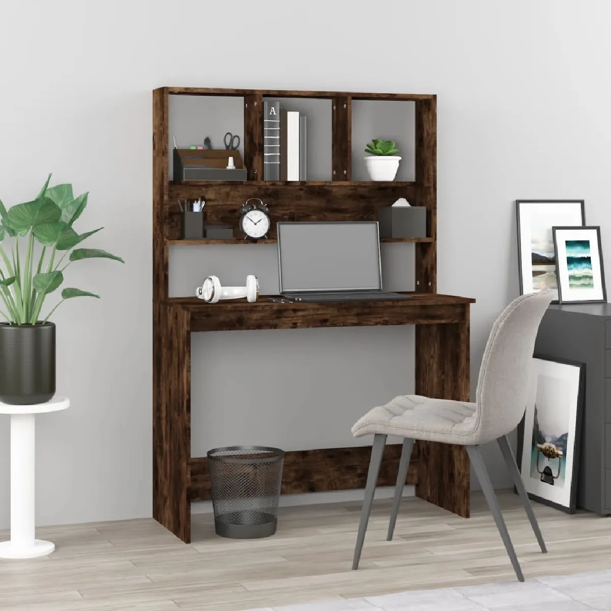 vidaXL Bureau avec Étagères Chêne Fumé - vue 2