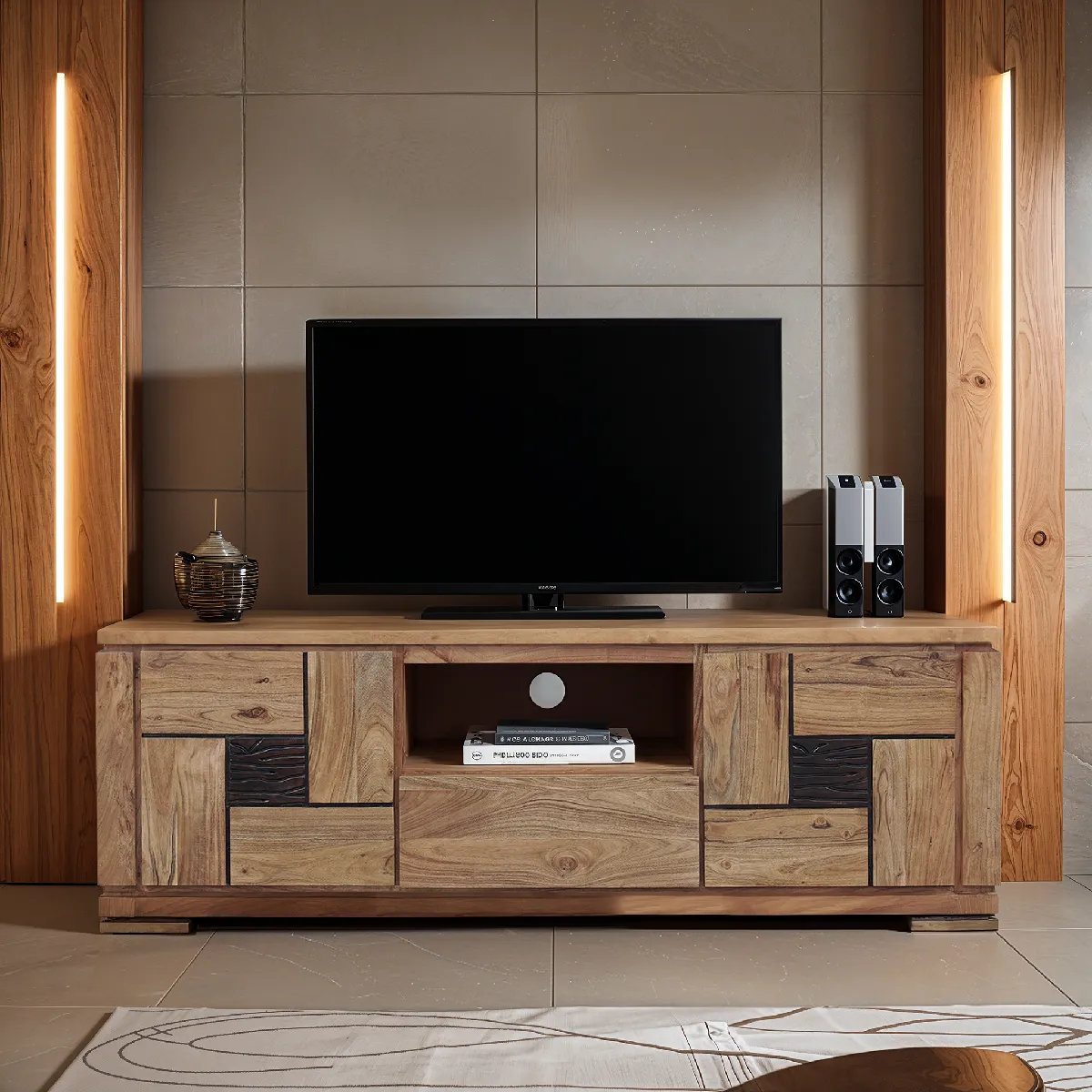 BOIS & CHIFFONS Meuble TV Acacia Maya - Bois sculpté bicolore
