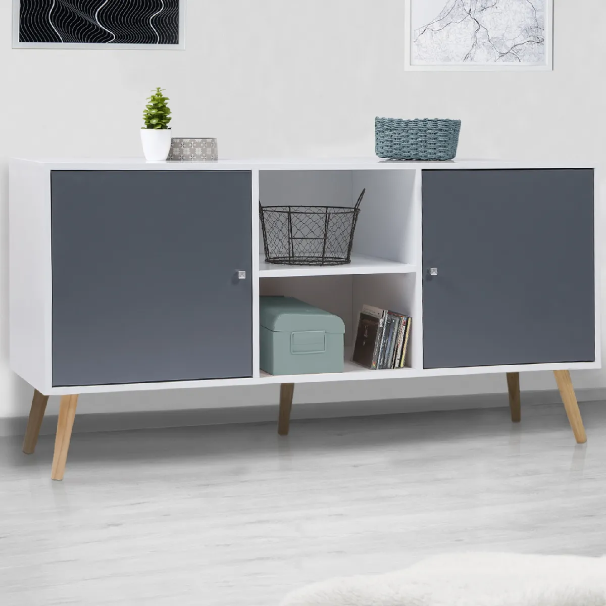 MARKET Buffet bas scandinave 140 cm EFFIE 2 portes bois blanc et