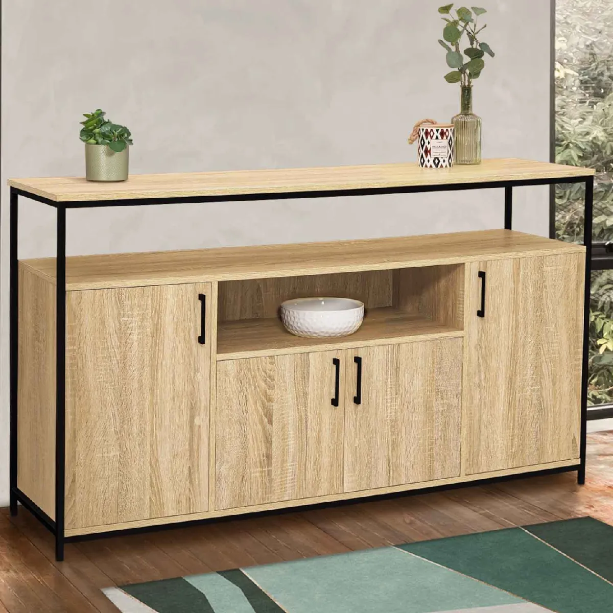 Idmarket Noir Market Buffet 4 Portes Detroit - 140 Cm