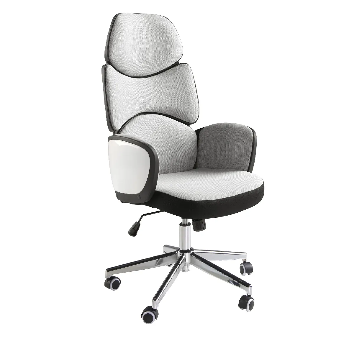 Fauteuil de bureau pivotant tissu gris clair et pvc blanc brillant