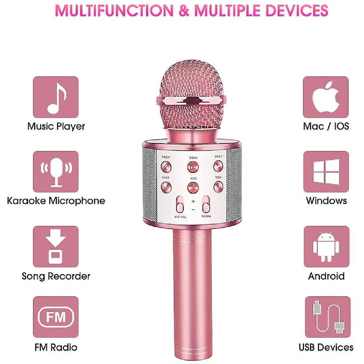 BONAOK Microphone Bluetooth Sans Fil, Micro Enfants avec Lères LED