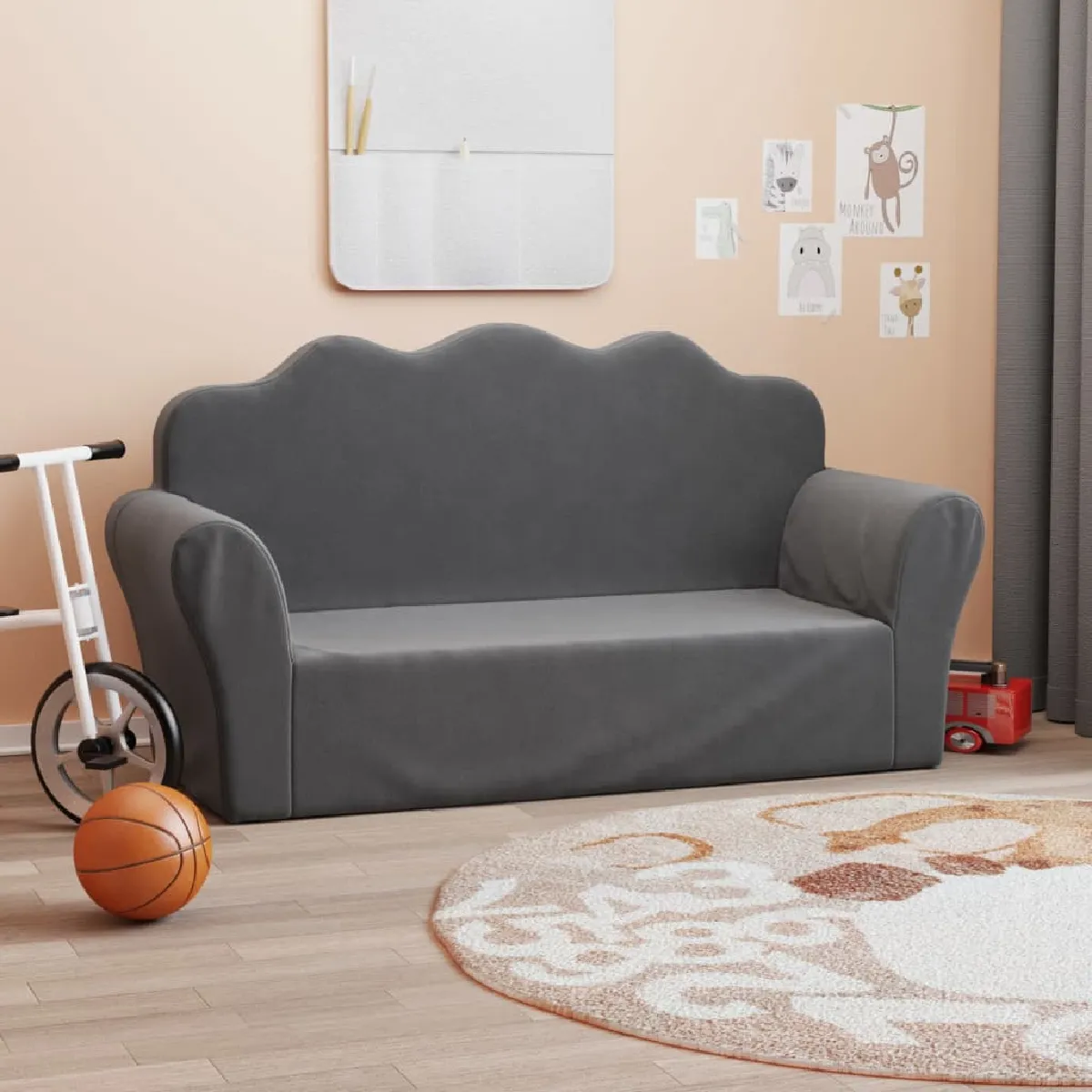 Non Communiqué Gris Canapé Pour Enfants 2 Places Anthracite Peluche Douce - Image 3