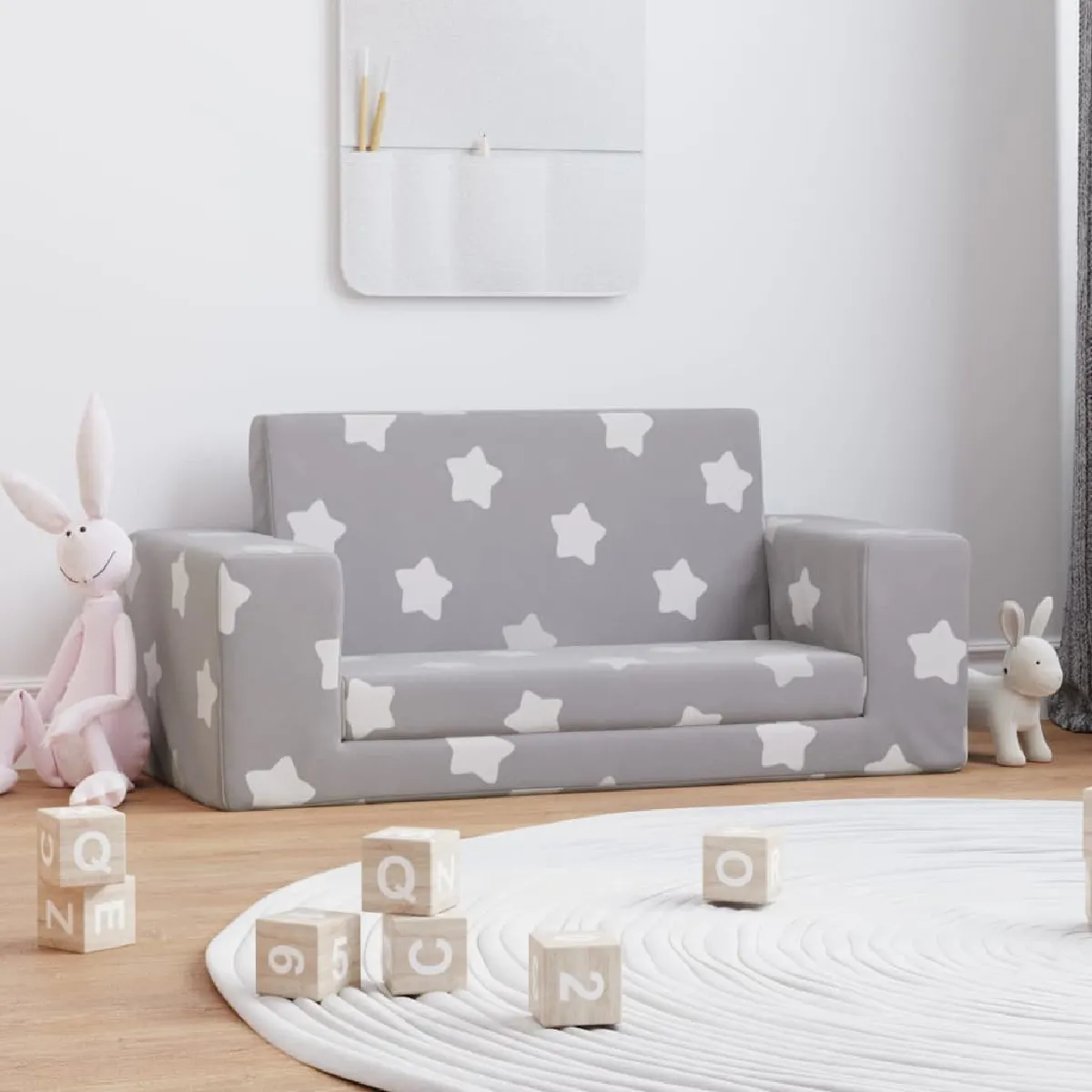 Non Communiqué Gris Canapé Lit Enfant 2 Places Clair Étoiles Peluche Douce - Image 3