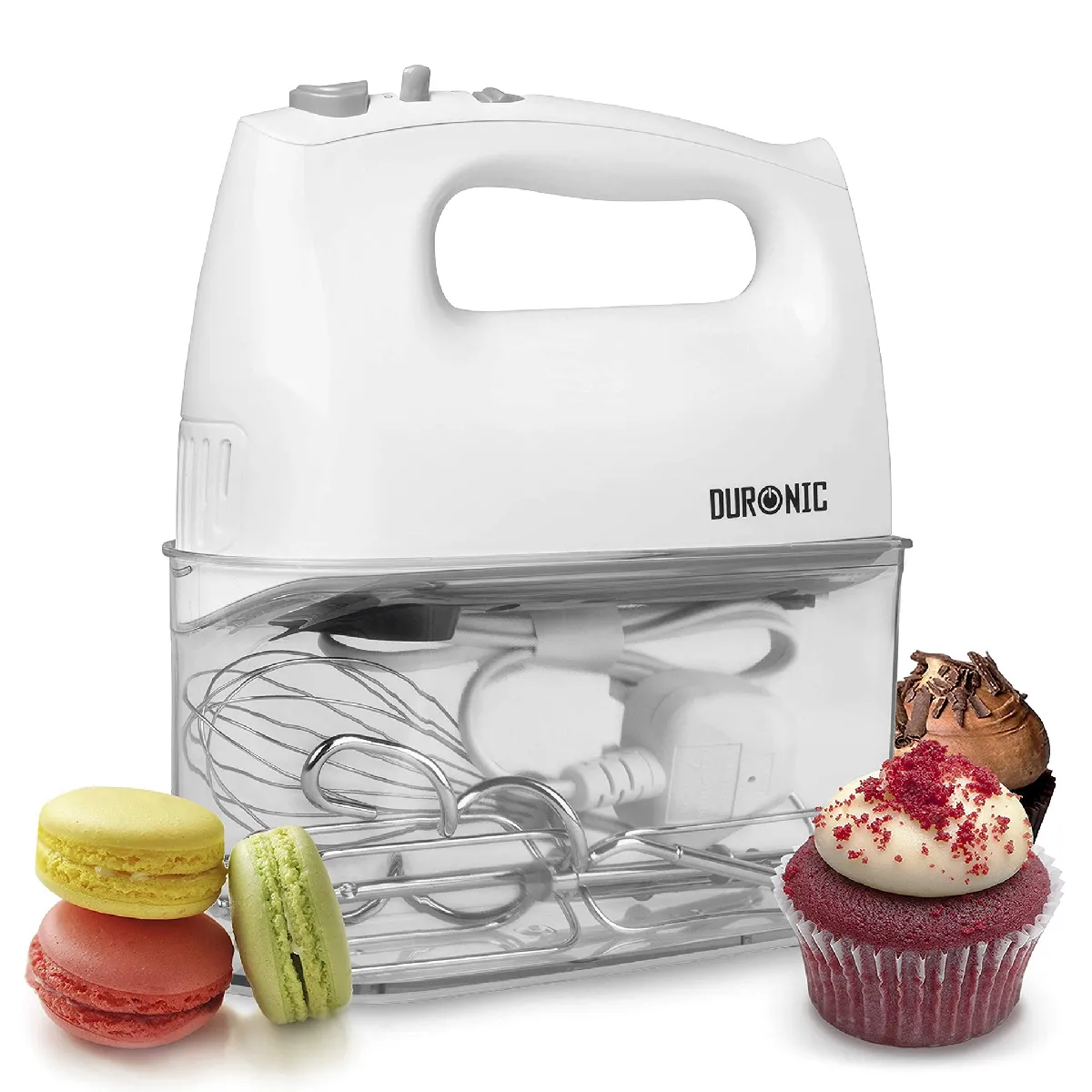 Duronic HM4 WE Batteur électrique cuisine à main 5 vitesses avec fonction Turbo Compartiment de rangement 2 batteurs 2 crochets à pétrir et 1 fouet - vue 2