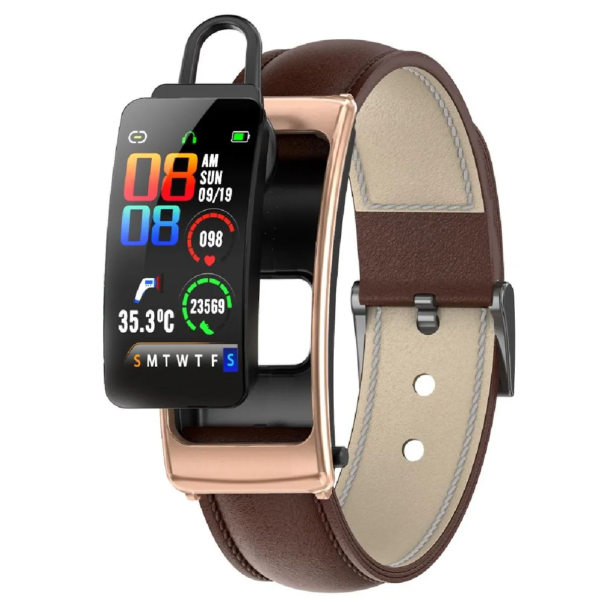 Yonis Marron Montre Connectée Cuir Bluetooth Appels Musique Etanche Multisport Santé - Image 2