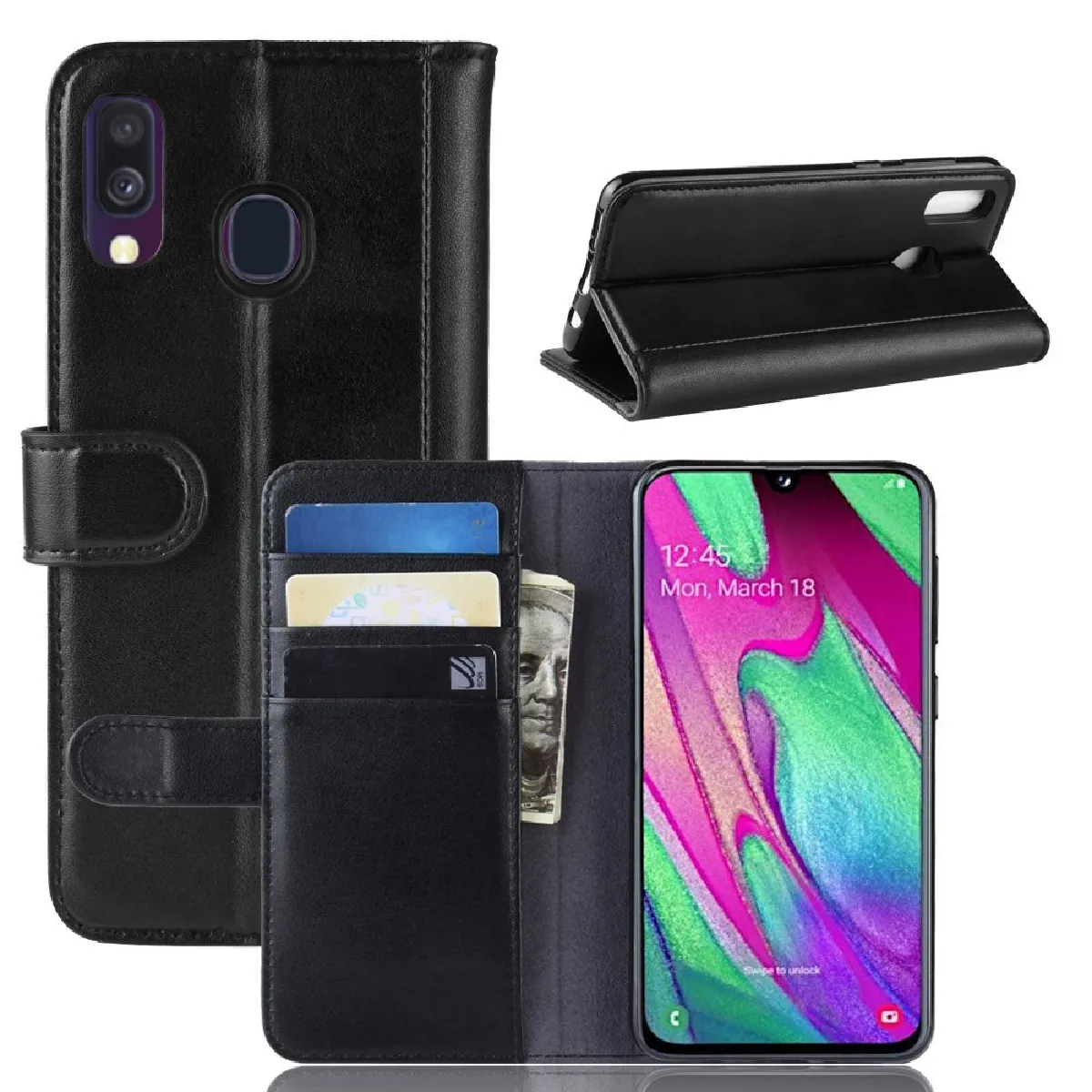 Générique Noir Étui Portefeuille En Cuir Avec Support Samsung Galaxy A40