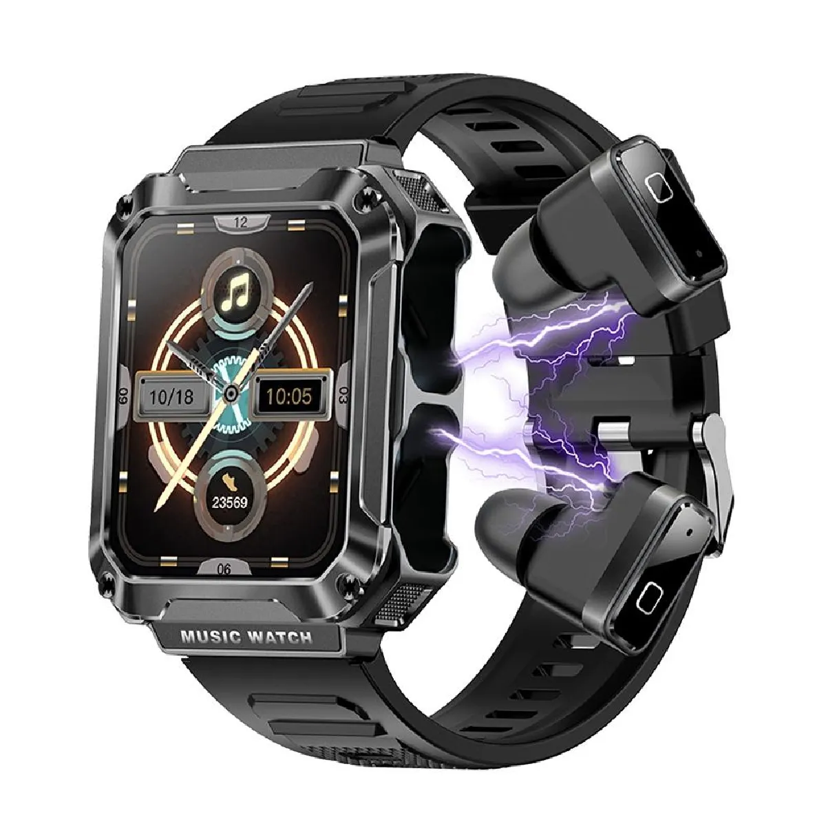 Yonis Noir Montre Connectée 2-En-1 Avec Écouteurs Bluetooth Et Suivi Santé