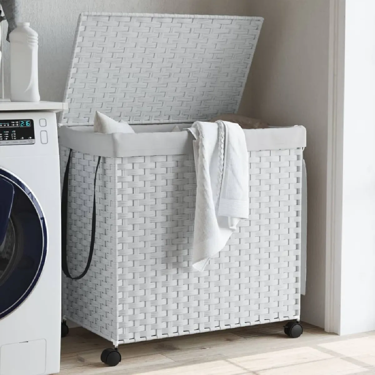 Non Communiqué Blanc Panier À Linge Avec Roulettes 60X35x60,5Cm Résine Tressée - Image 3