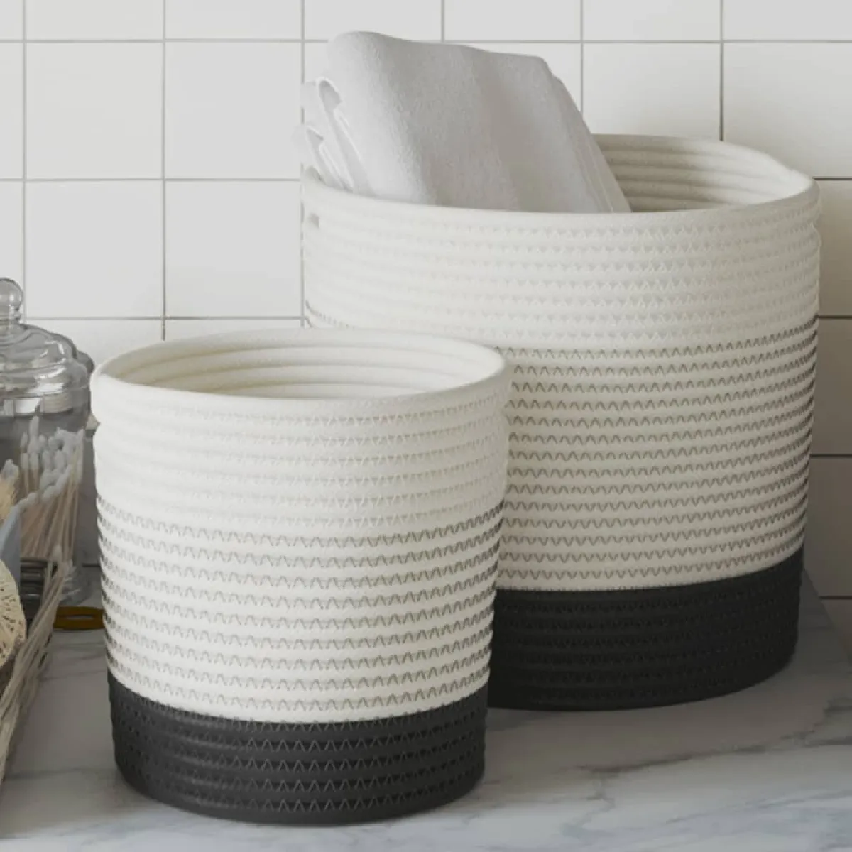 VIDAXL - Lot de 2 Paniers de Rangement - Coton - Blanc et Noir - Image 3