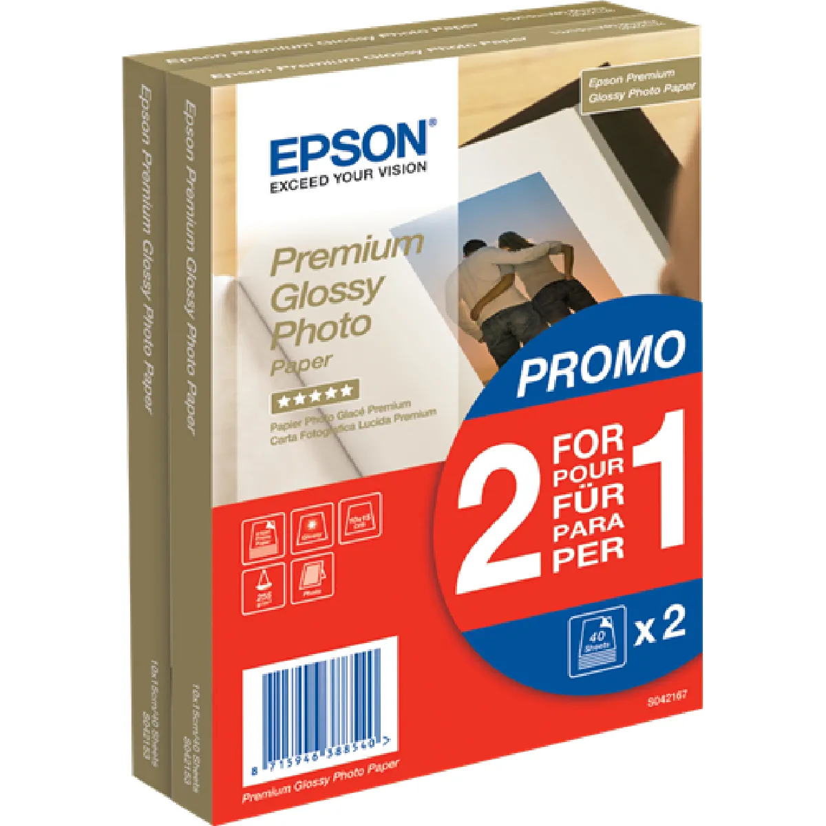 Epson Pack Papier glacé qualité photo Premium 2 pour 1 - (10 x 15 -255g/m² - 80 Feuilles)