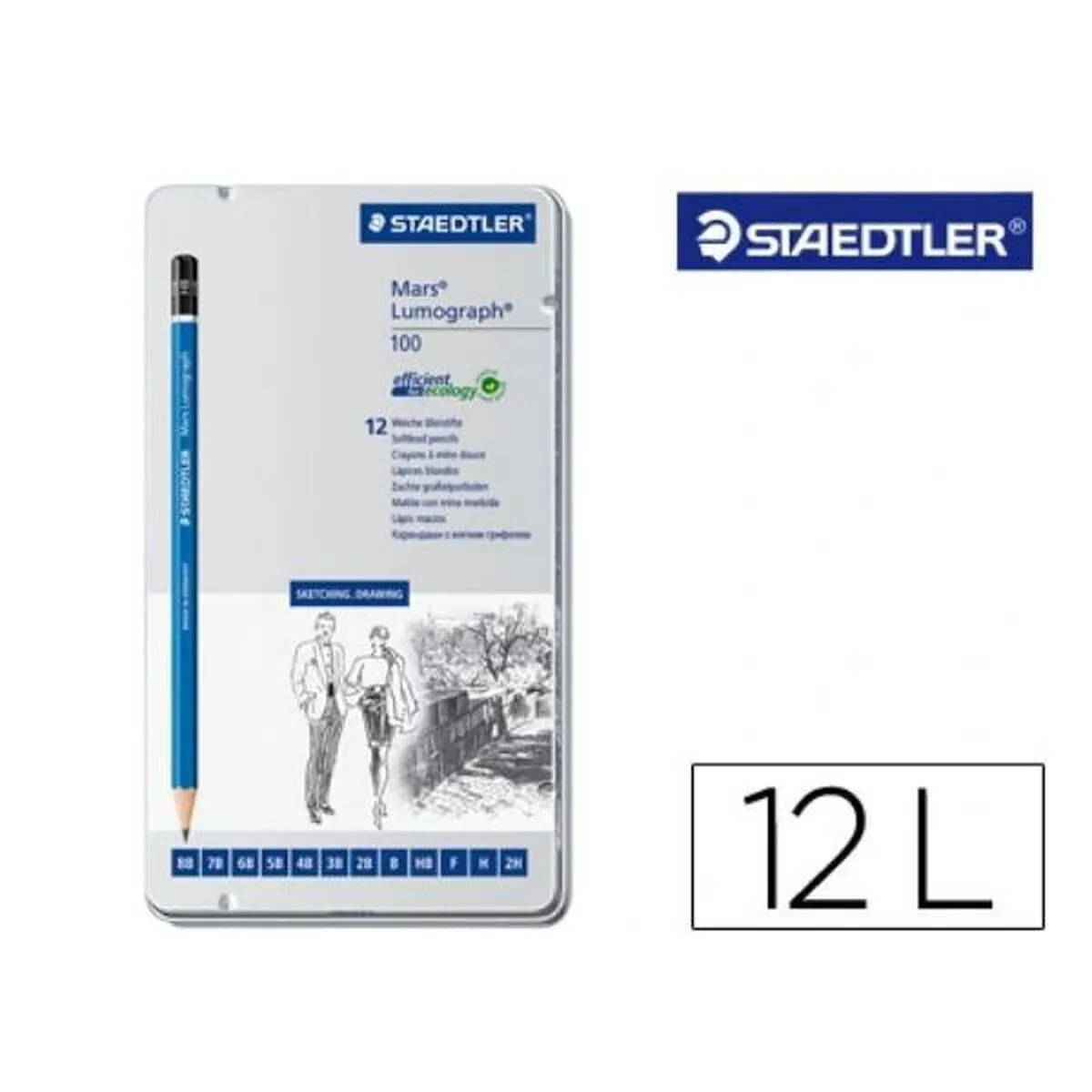 Staedtler Mars Lumograph Crayons à papier de très haute qualité pour écriture et dessin artistique Boîte en métal avec 12 crayons assortis 8B 2H 100 G12 - vue 1