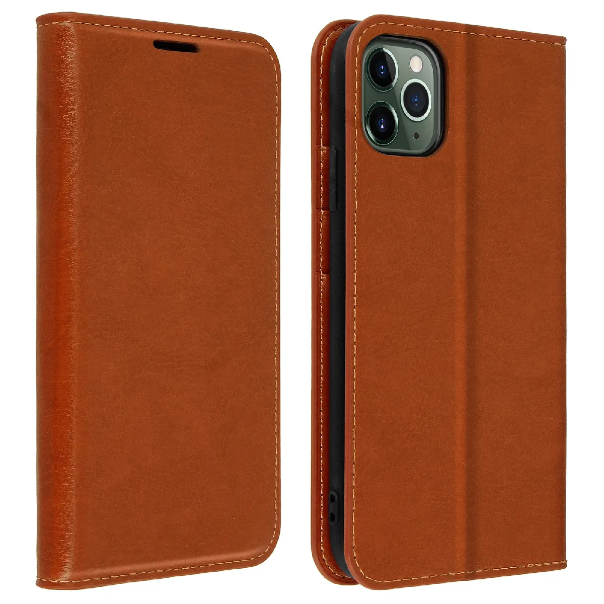 Avizar Marron Étui Pour Iphone 11 Pro Max Folio Cuir Véritable Porte Cartes Support Vidéo Camel