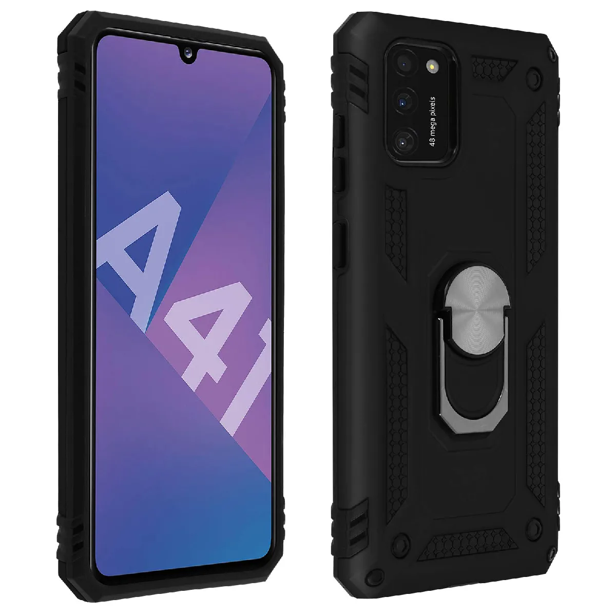 Avizar Noir Coque Pour Samsung Galaxy A41 Antichoc Bi-Matières Bague Support Vidéo