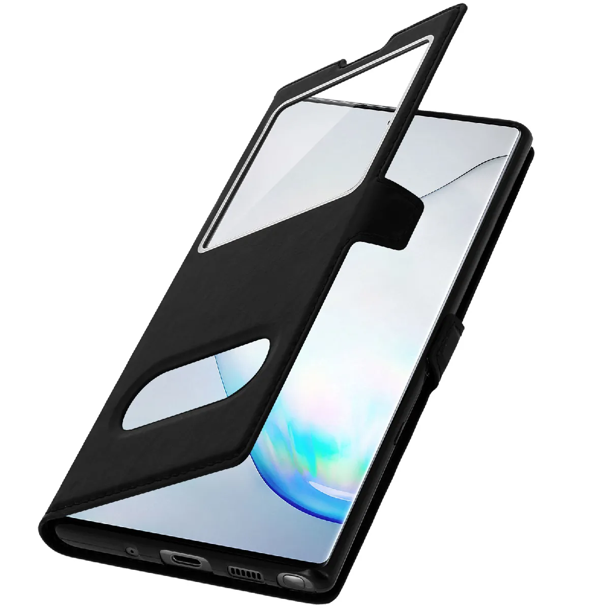 Avizar Noir Étui Folio Pour Galaxy Note 10 Double Fenêtre Avec Fonction Support