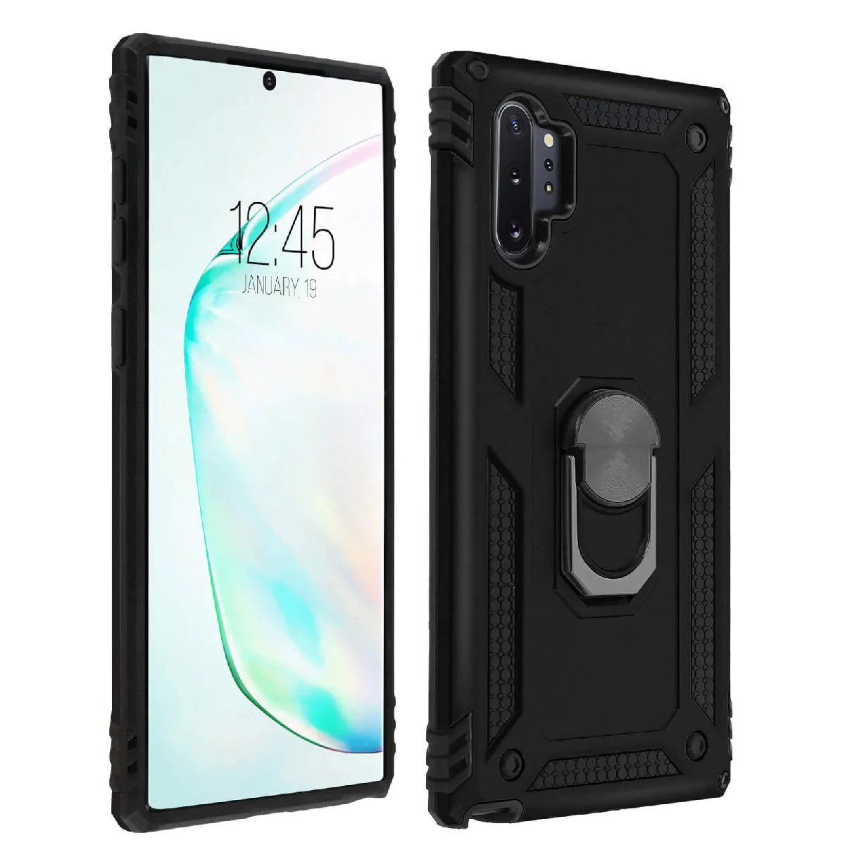 Avizar Noir Coque Pour Samsung Galaxy Note 10 Plus Bi Matière Rigide Souple Bague Support Vidéo