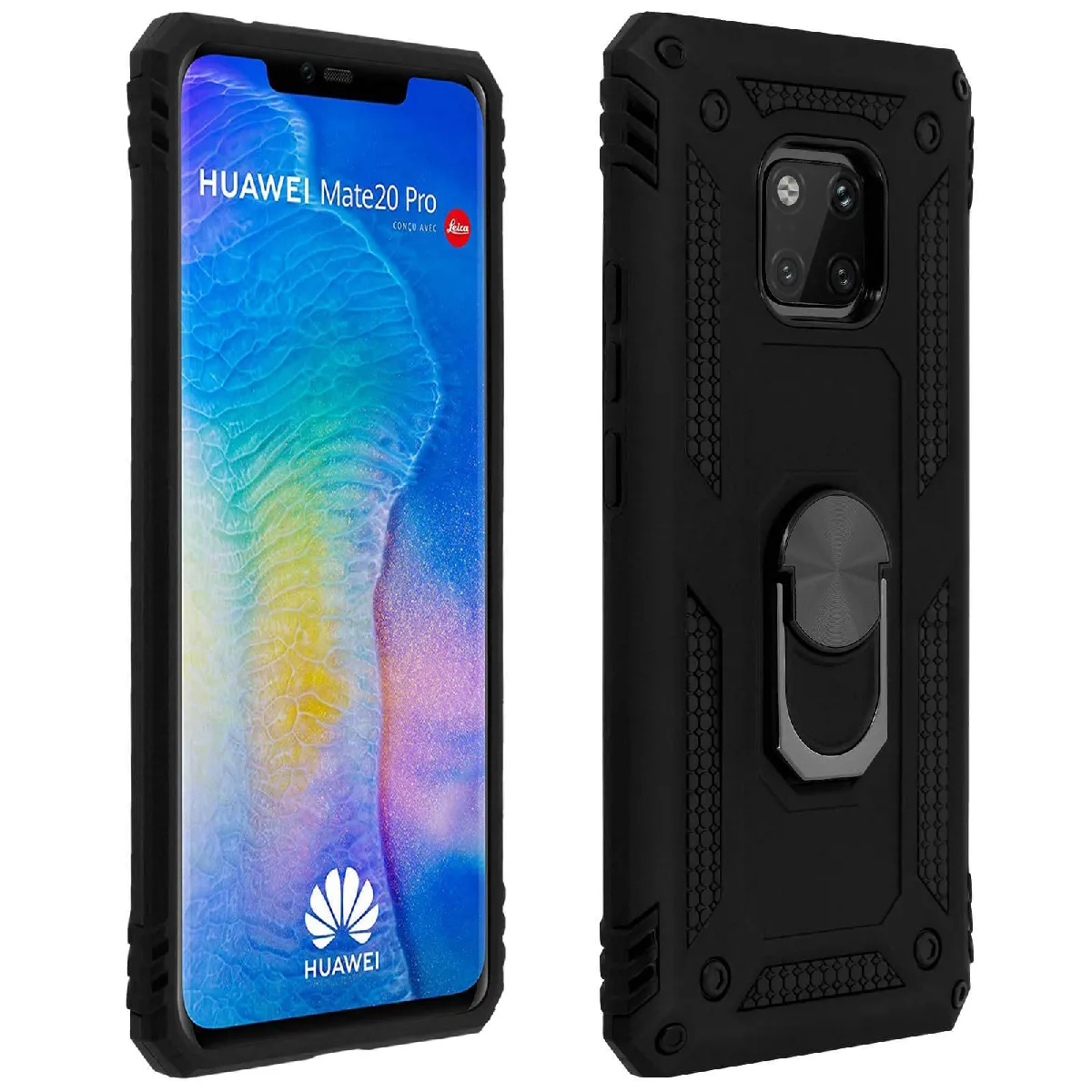 Avizar Noir Coque Pour Huawei Mate 20 Pro Bi Matière Rigide Souple Bague Support Vidéo