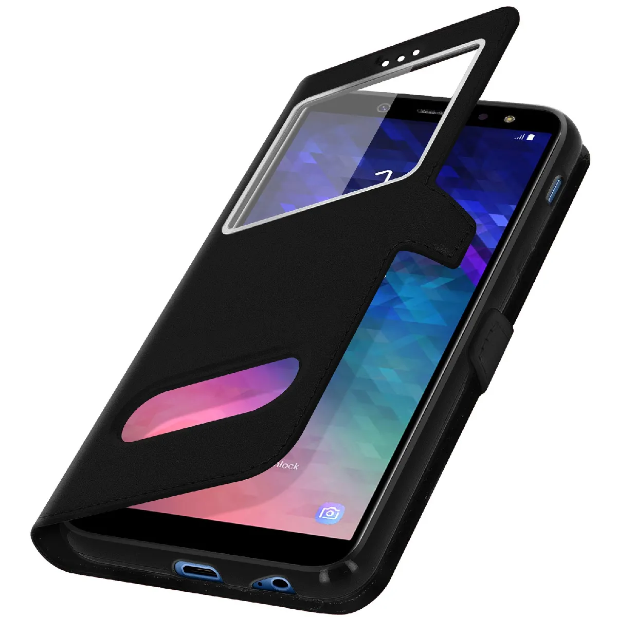 Avizar Noir Étui Folio Pour Galaxy A6 Plus Double Fenêtre Avec Fonction Support