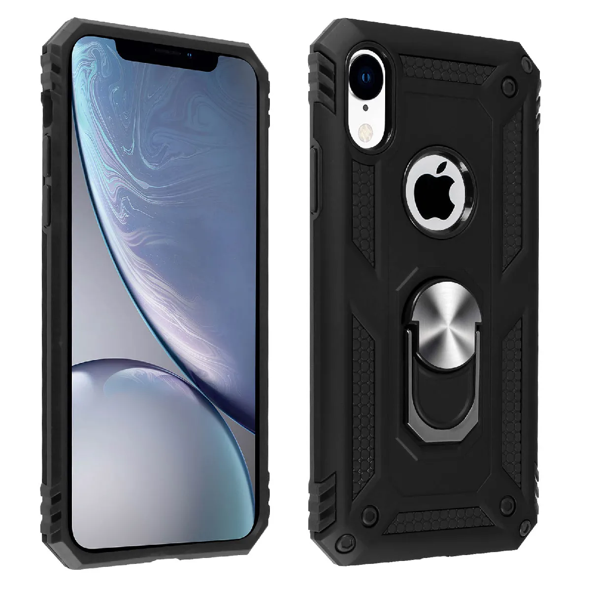 Avizar Noir Coque Pour Iphone Xr Bi Matière Rigide Souple Bague Support Vidéo
