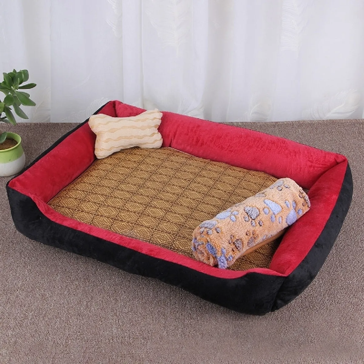 Meilleurs prix pour Panier pour chien Coussin tapis de chat pour avec motif en rotin et couverture Taille: XS, 50 × 40 × 15cm (Noir Rouge)