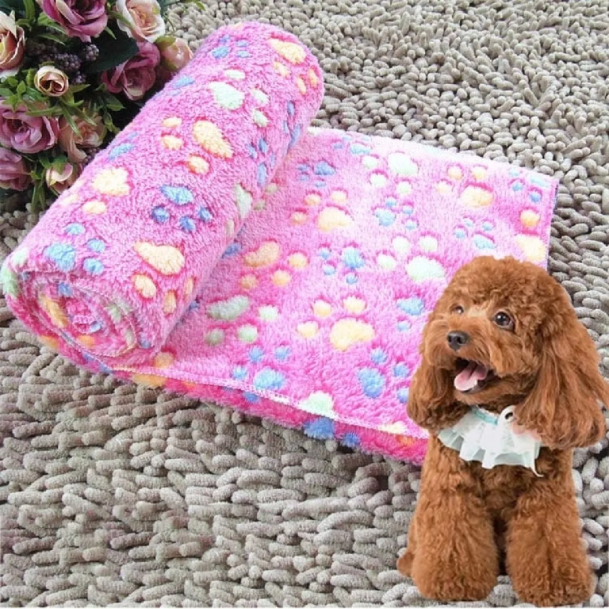 Comparer les prix de Pour Animal de compagnie Chien Magenta Couvertures, Taille: M, 60 * 80 cm Kennel Tapis Empreintes Motif Épais Chaud Coral Fleece Pet