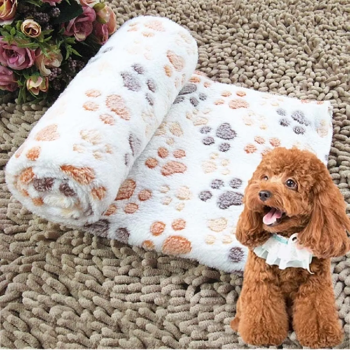 Comparer les prix de Pour Animal de compagnie Chien Beige Couvertures, Taille: S, 40 * 60 cm Kennel Mat Empreintes de Motif Épais Chaud Coral Fleece Pet