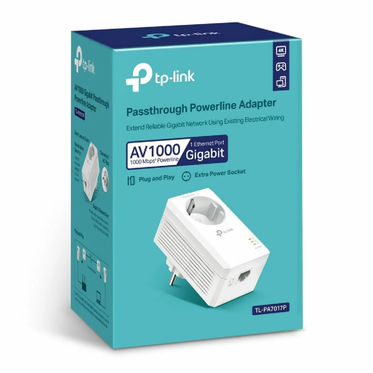 TP Link Powerline TL PA7017P AV1000 Gigabit Passthrough Adaptateur CPL 1GbE HomePlug AV HPAV HomePlug AV HPAV 2.0 IEEE 1901 Branchement mural - vue 2