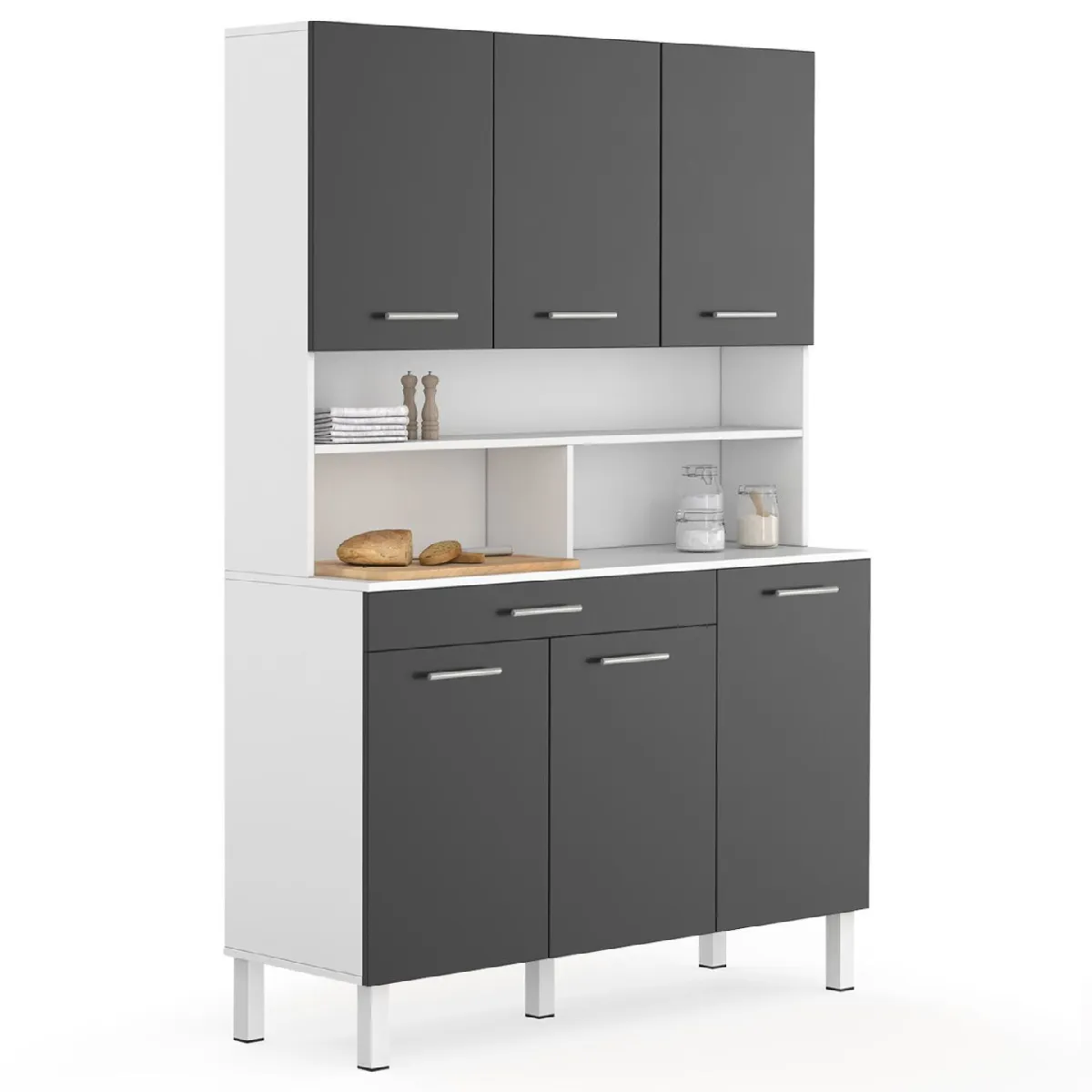Buffet Bas De Cuisine 100 Cm CINA - Plan De Travail H.83 Cm Hêtre Et Noir 1 Porte + 1 Tiroir