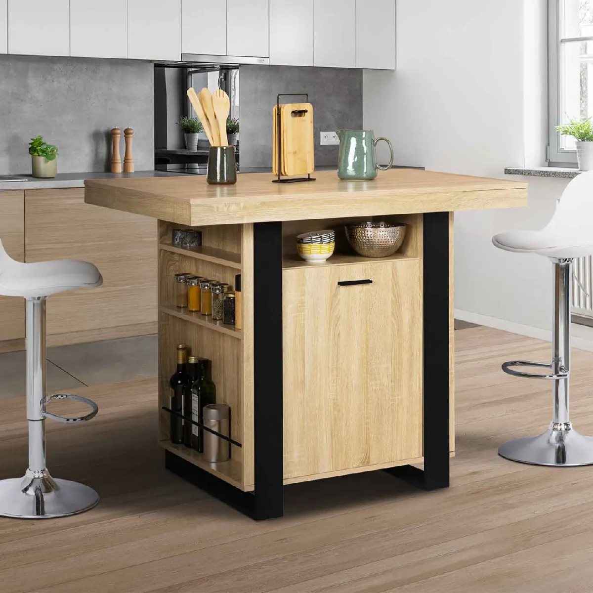 IDMarket - Îlot Central De Cuisine TIBO 120 Cm Bois Noir Avec Plan De Travail Façon Hêtre - Multifonction & Compact