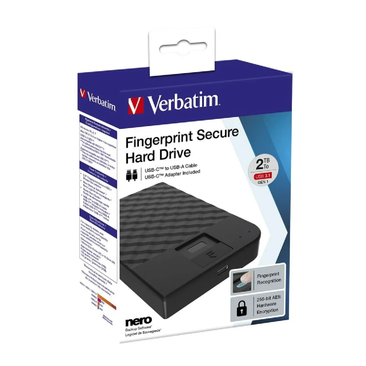 VERBATIM Fingerprint Secure Disque Dur Chiffré Externe Portable USB 3.1 Gen 1 USB C connecteur AES 256 Bits