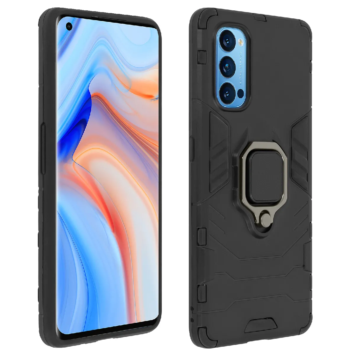 Avizar Noir Coque Pour Oppo Reno 4 Pro 5G Hybride Antichoc Bague Métallique Support Vidéo