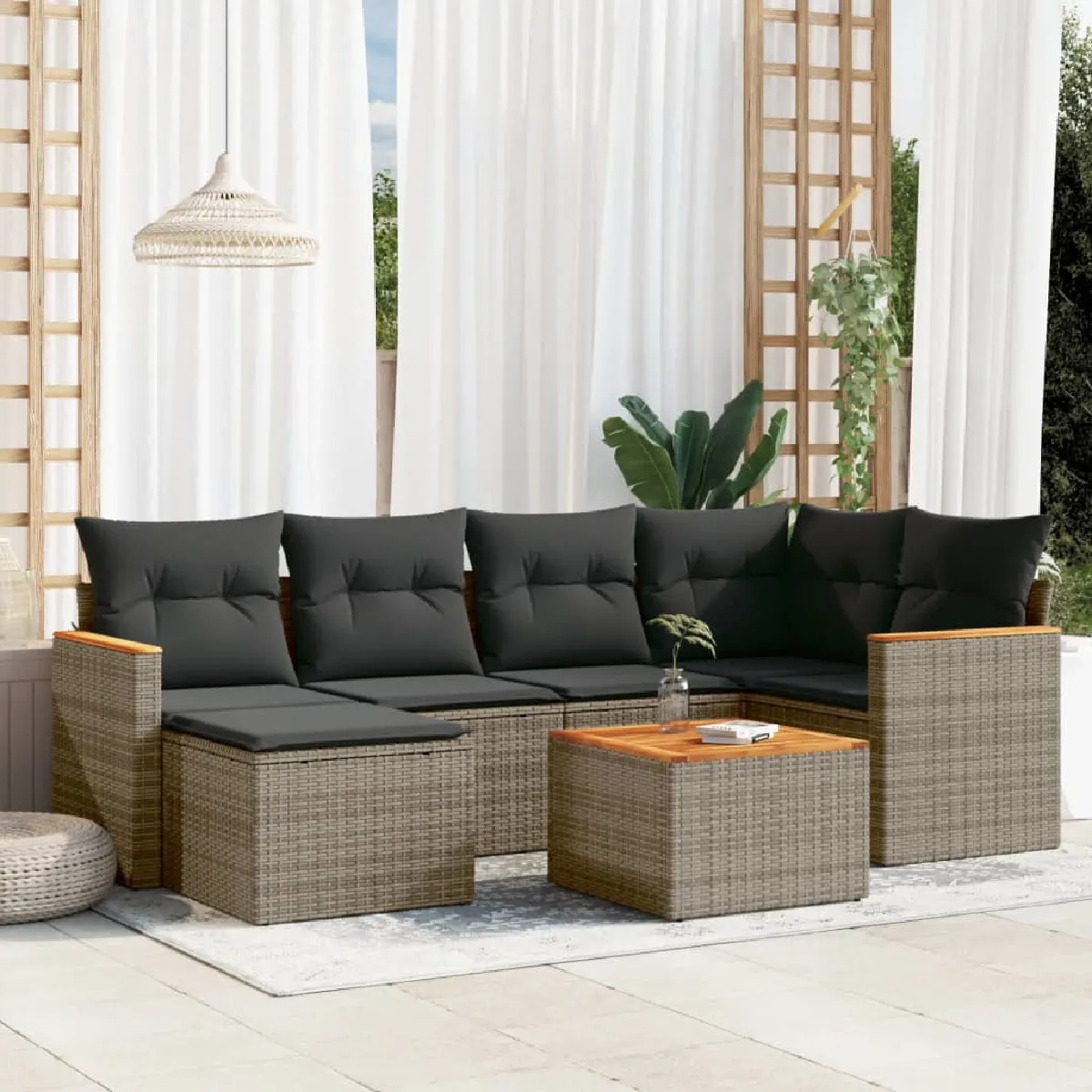 VIDAXL Salon de jardin 7 pcs avec coussins - Gris résine tressée