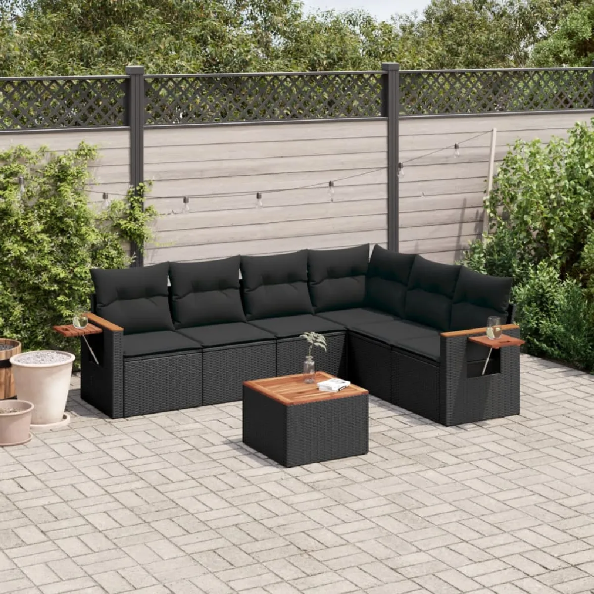 VidaXL Salon de jardin 7 pcs - Coussins noir - Résine tressée
