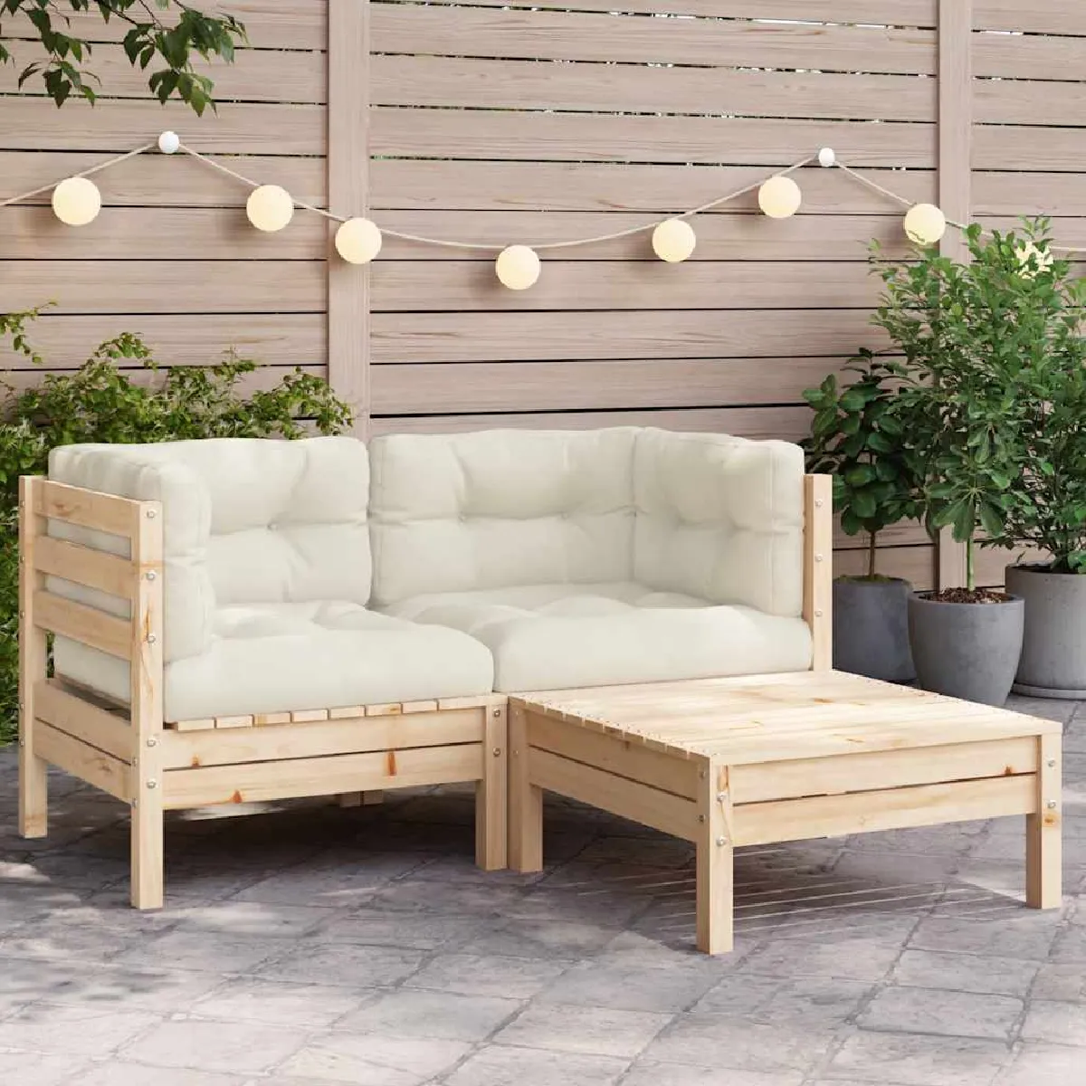 vidaXL Salon de jardin 3 pcs avec coussins crème - vue 3