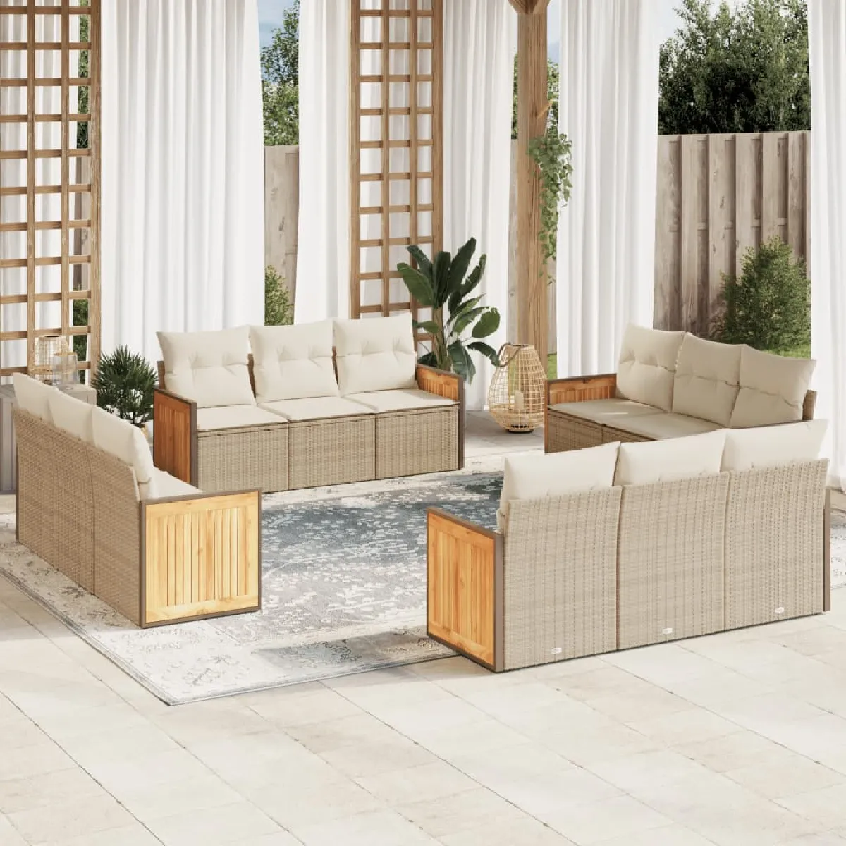 vidaXL Salon de jardin 9 pcs avec coussins Crème - vue 10