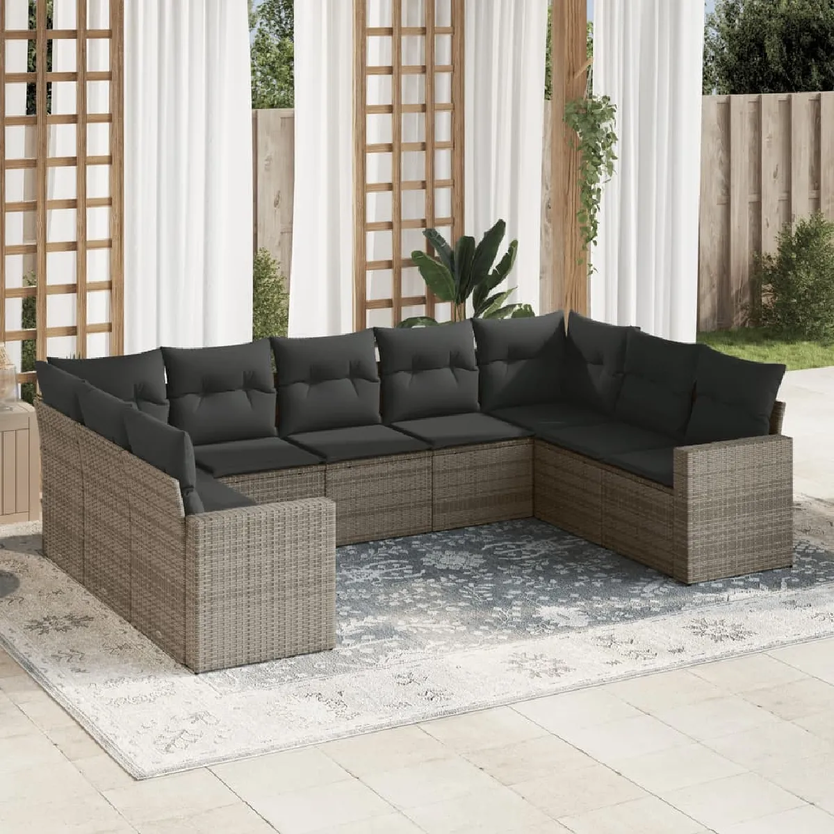 Salon de jardin vidaXL - 9 pcs résine tressée - Gris