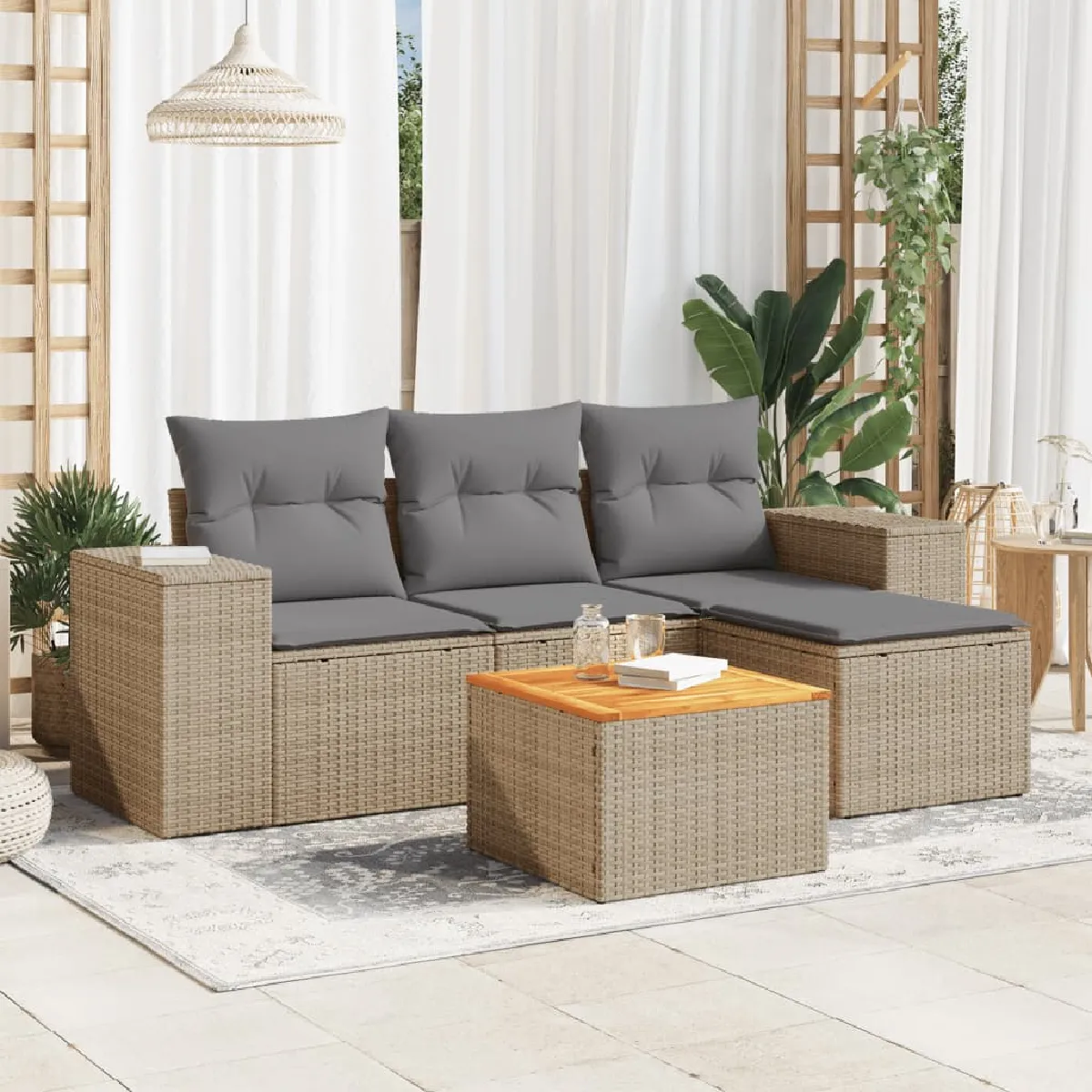 vidaXL - Salon de jardin modulable - 5 pièces - Résine tressée - Beige - 4 personnes - Image 3