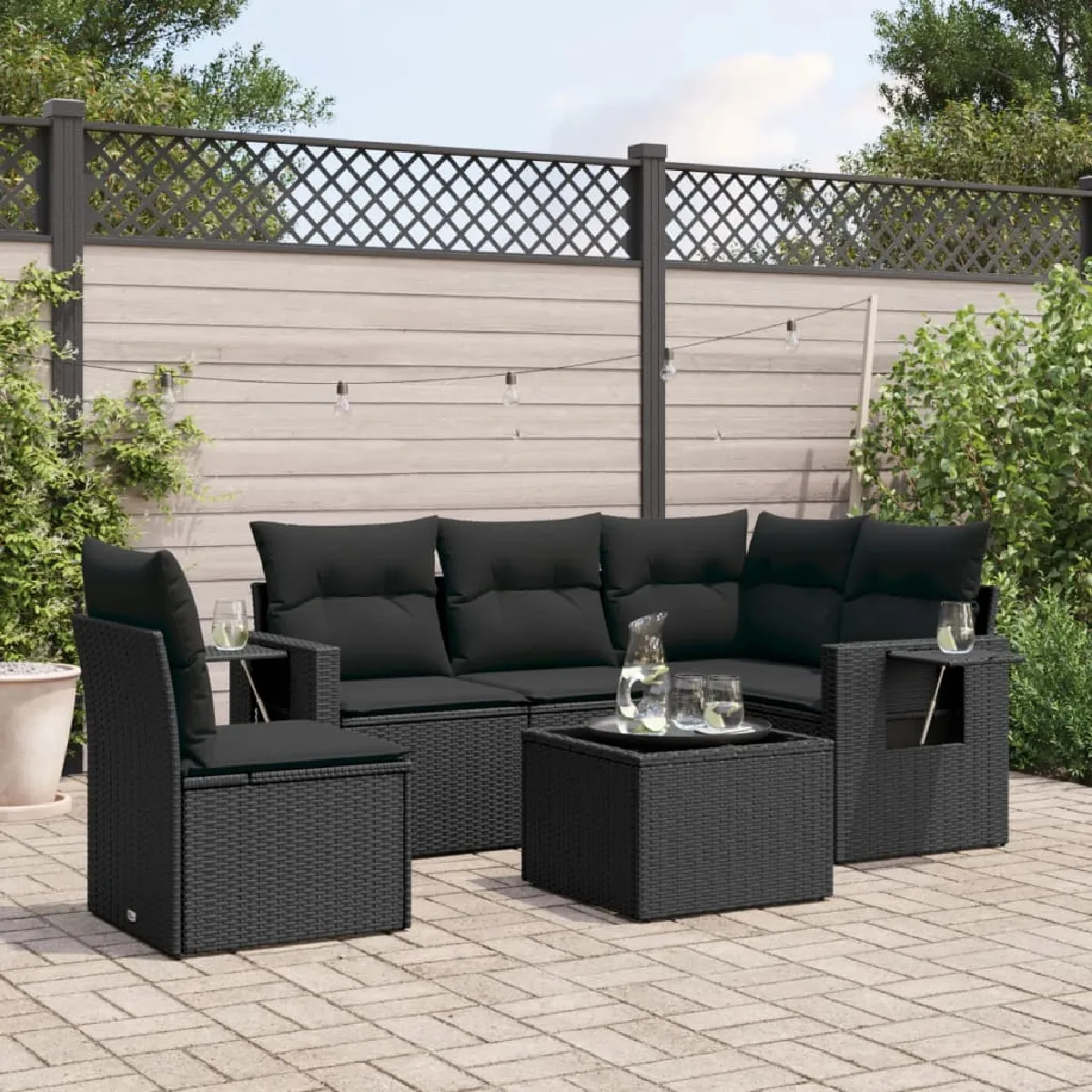 vidaXL Salon de jardin 6 pcs avec coussins résine tressée - Noir