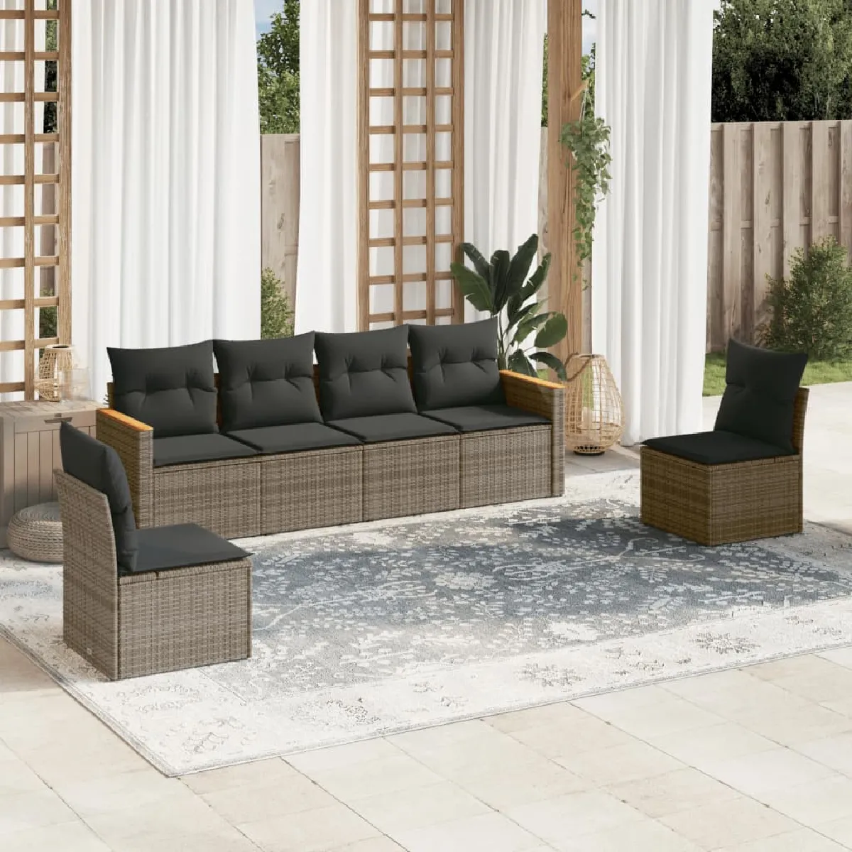 VIDAXL Salon de jardin 6 pcs avec coussins - Gris - Résine tressée