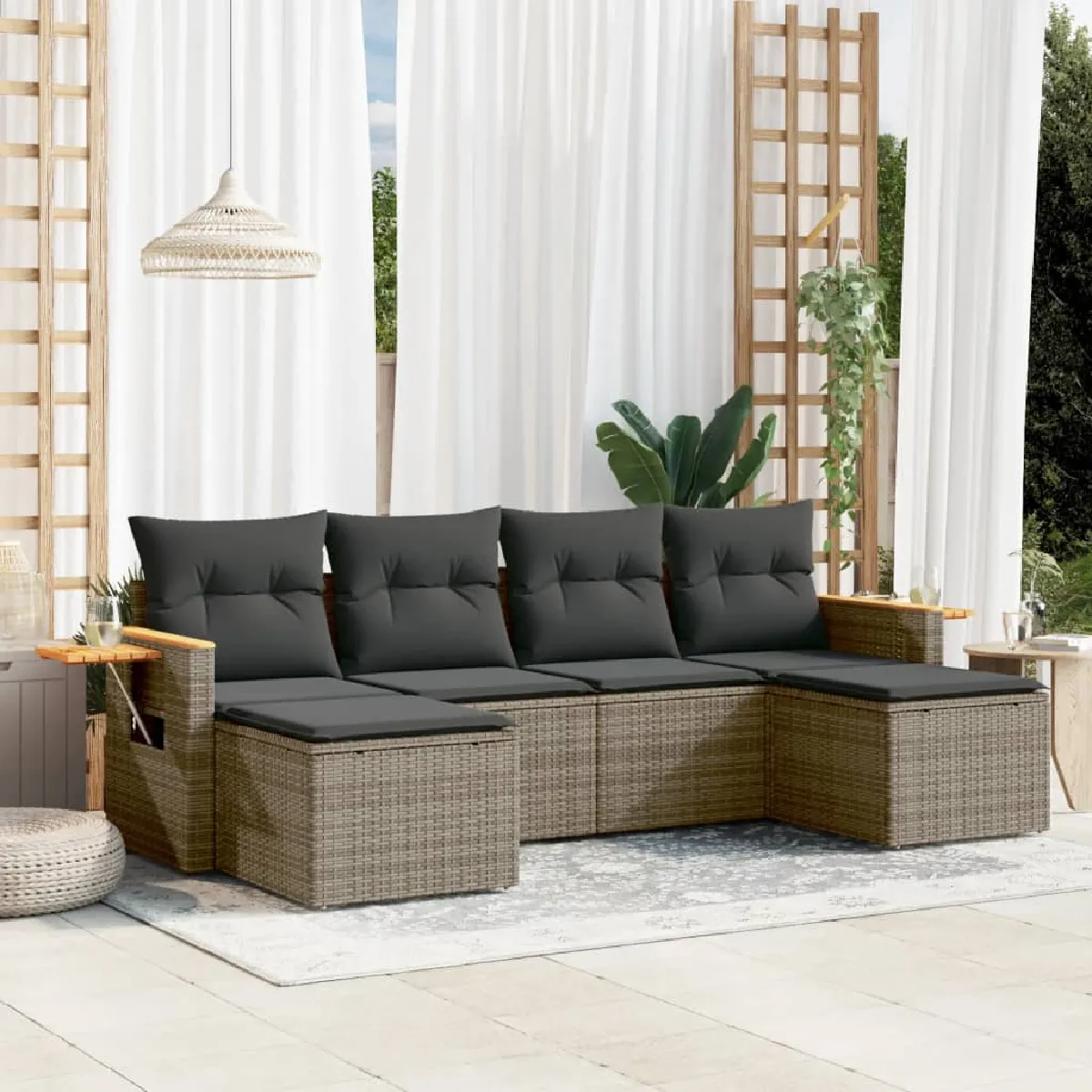 Vidaxl Gris Salon De Jardin Modulable Rotin 6 Pieces 6 Personnes - Image 3