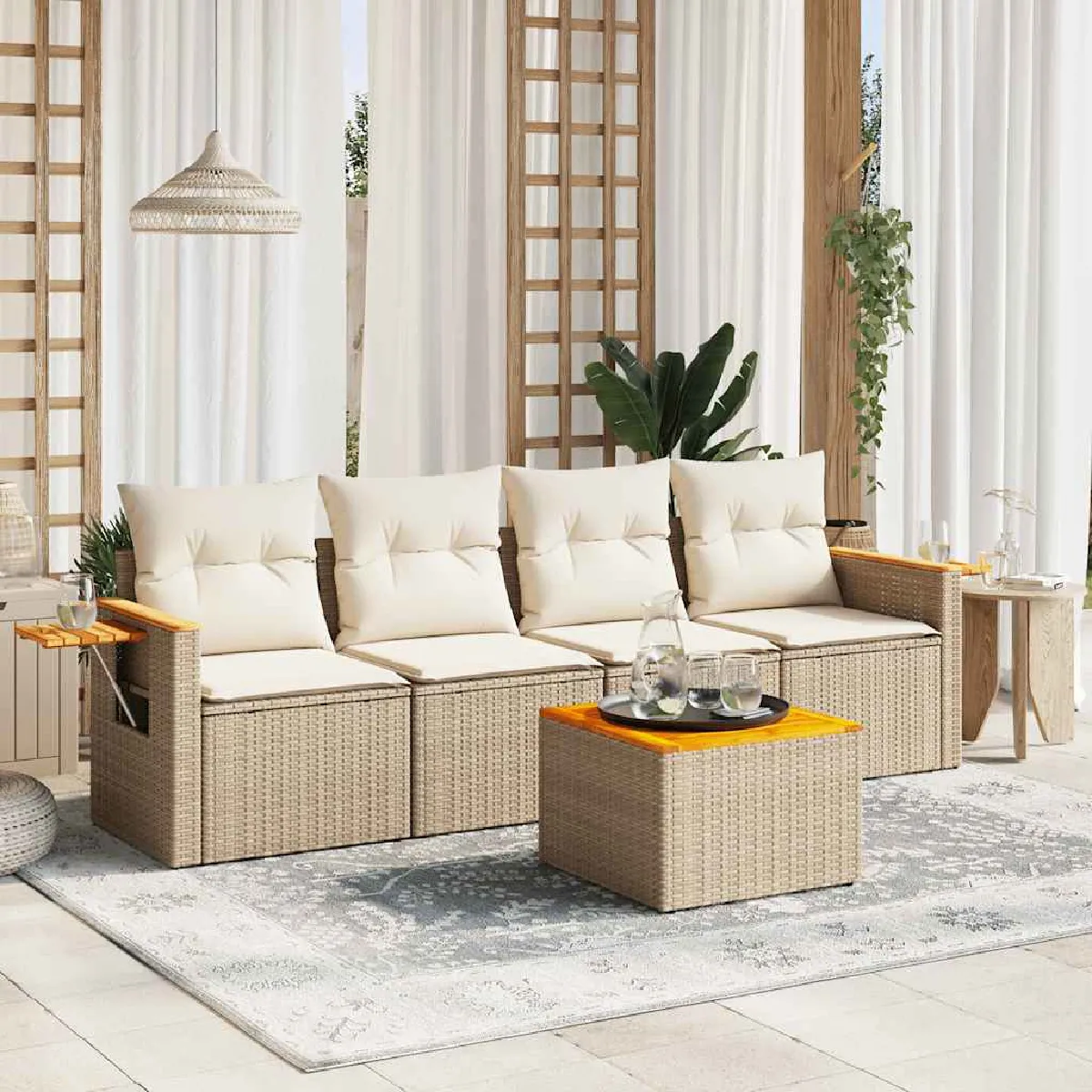 Salon de jardin vidaXL 5 pièces avec coussins - Beige