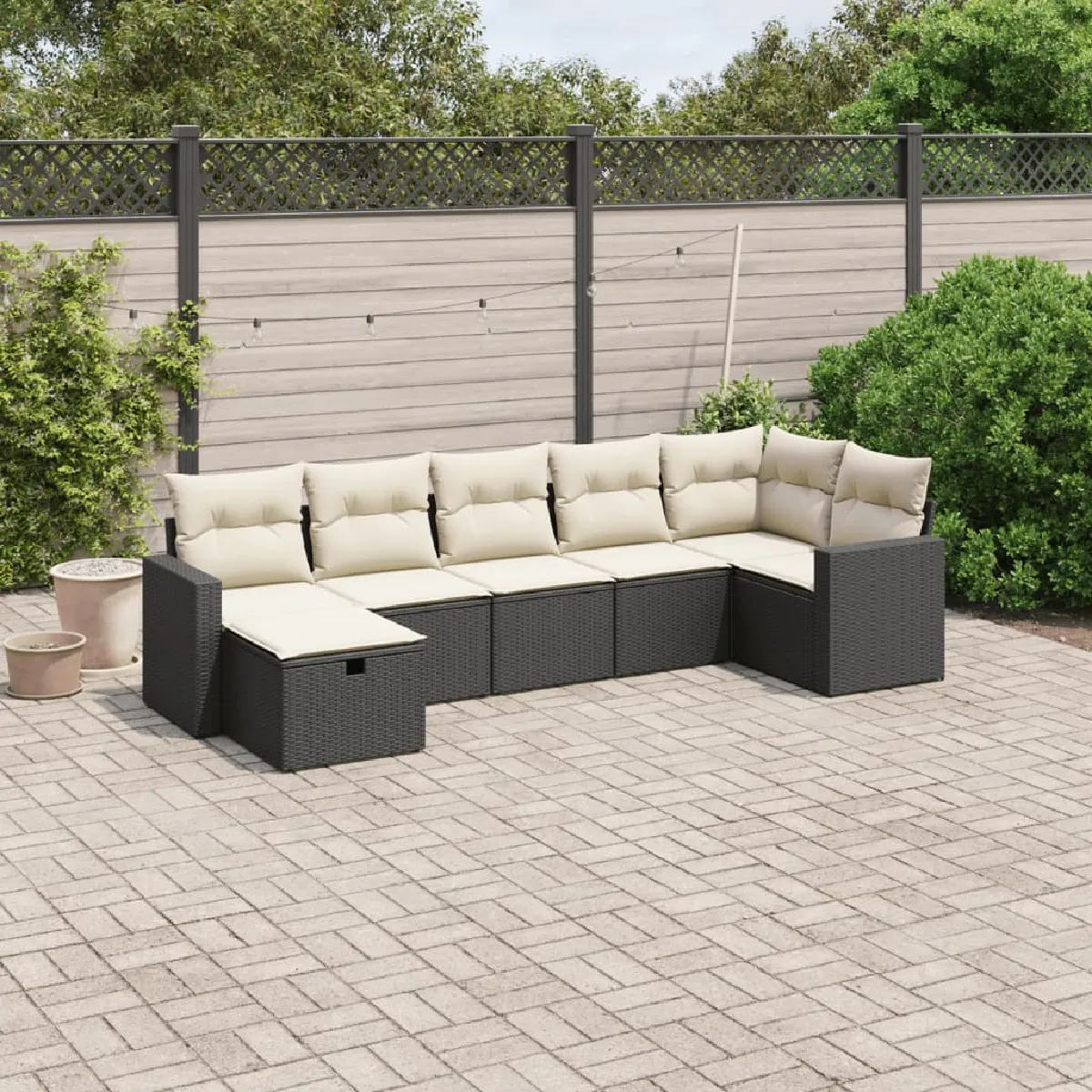 vidaXL Salon de jardin 7 pcs Coussins noirs résine tressée