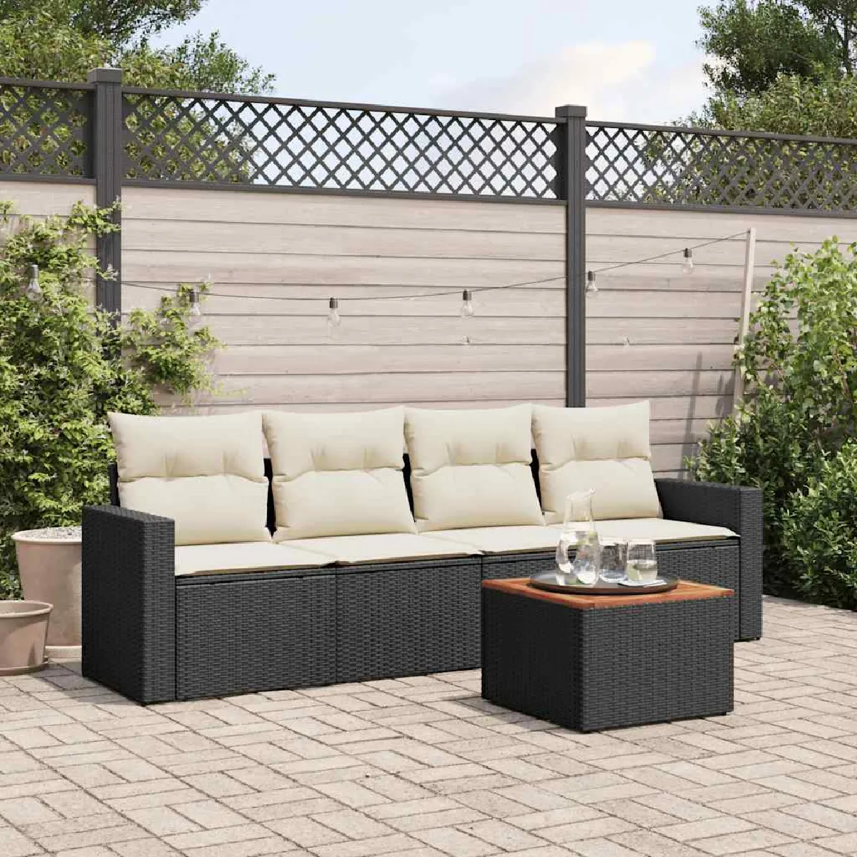 VIDAXL Salon de jardin modulable - Lot de 5 pi&egrave;ces - R&eacute;sine tress&eacute;e - Noir - 4 personnes