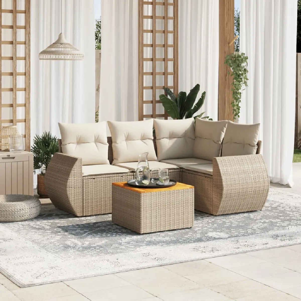 Salon de jardin avec coussins 5 pcs beige r&eacute;sine tress&eacute;e 3257318