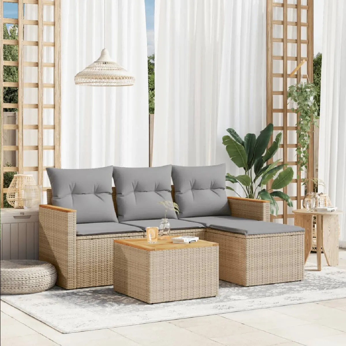 vidaXL Salon de jardin avec coussins 5 pcs résine tressée - Beige