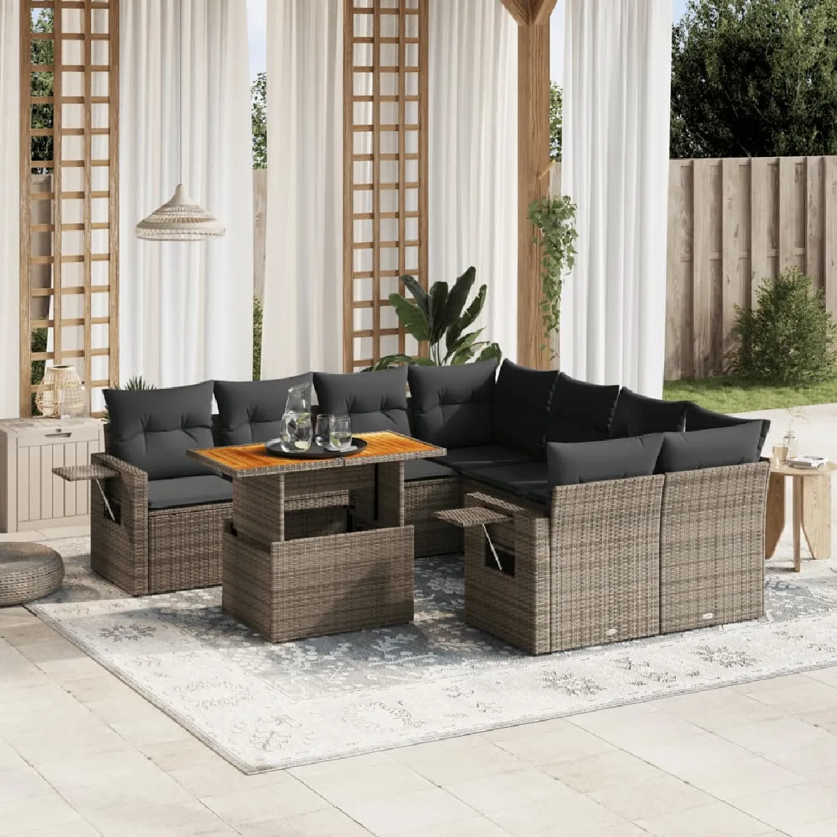 vidaXL Salon de jardin 9 pcs avec coussins - Gris résine tressée