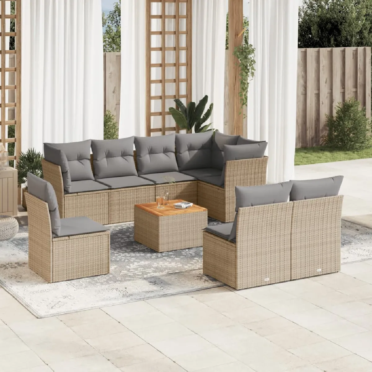 vidaXL Salon de Jardin avec Coussins - 9 pcs - Beige - Résine Tressée